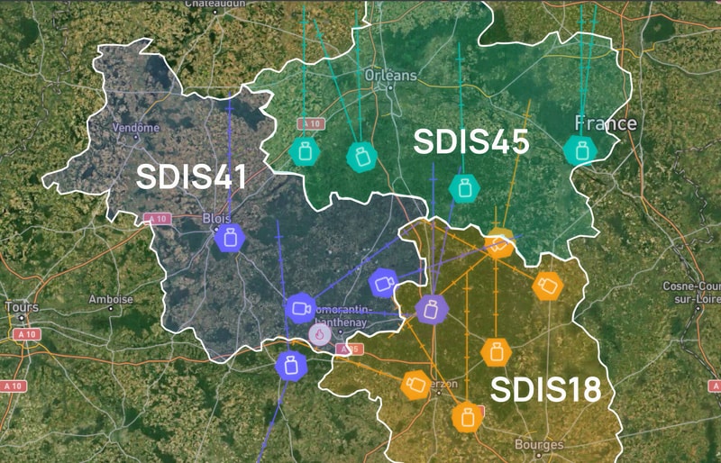 Carte opérationnelle FireGard — interopérabilité SDIS41, SDIS45, SDIS18